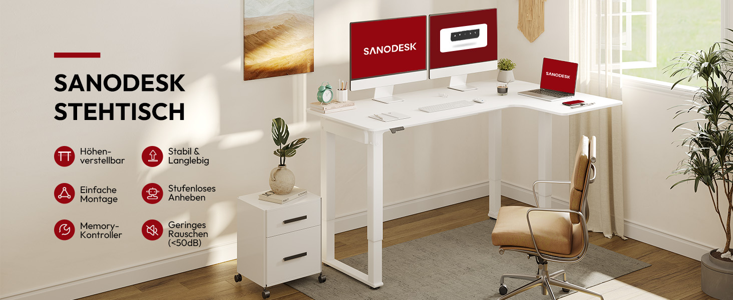 Регульований стіл Sanodesk 180x110 см (білий) - L-подібний, з двома моторами та пам'яттю