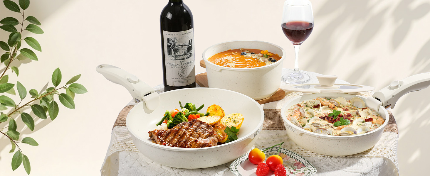 Набір посуду YASHE 21 предмет: каструлі та сковорідки з антипригарним покриттям, знімні ручки, скляні кришки, індукційне дно, термостійкий, білий