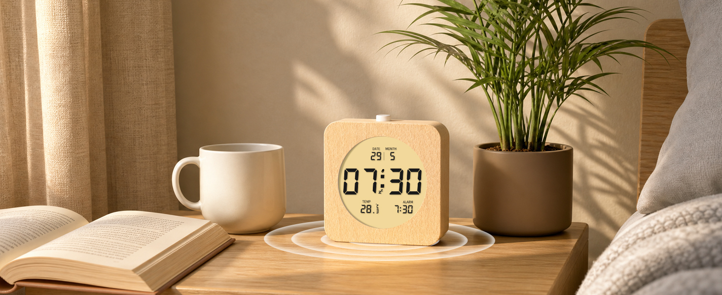 Цифровий настільний будильник aboveClock з дерев'яним корпусом, LCD-дисплей з температурою та датою, функція Snooze та підсвічуванням, квадратний