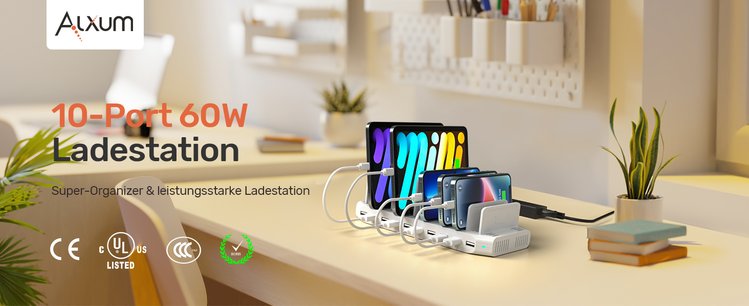 Зарядний пристрій Alxum 60W USB, 10 портів, для телефонів, планшетів, Kindle - білий