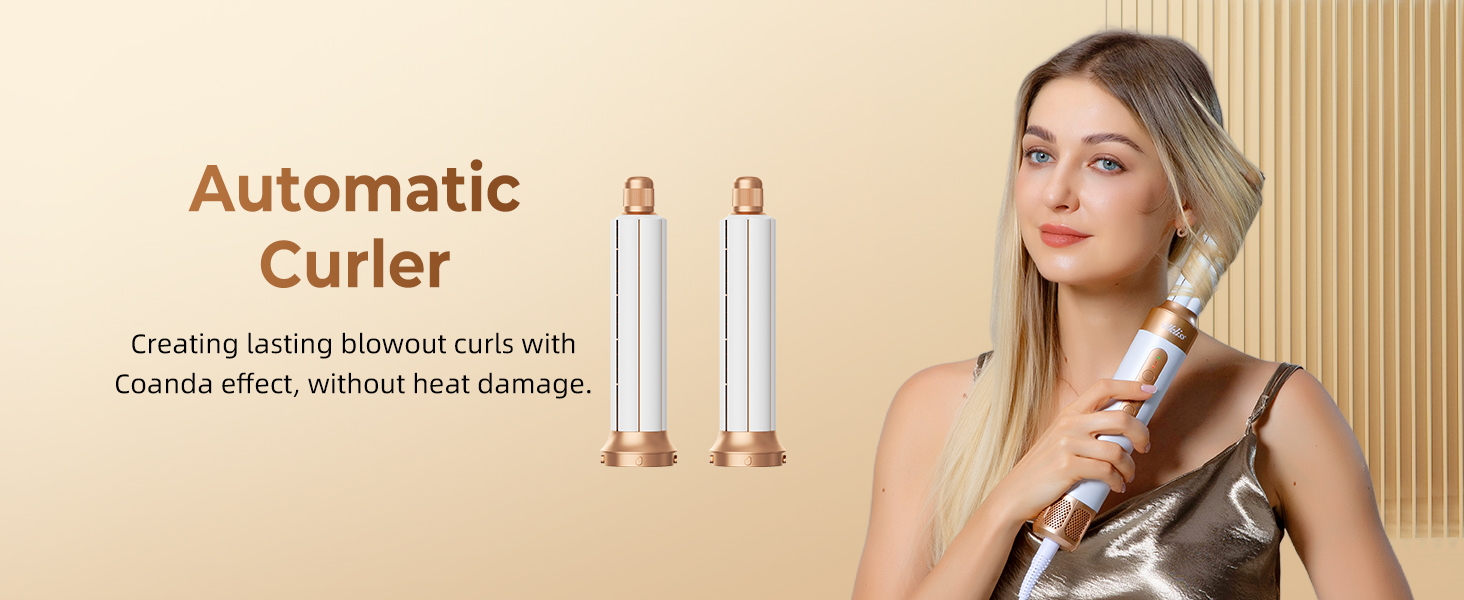 UKLISS Airstyler Pro 7-в-1: Фен, стайлер, завикучувач. Професійний набір для волосся з автоматичною завивкою, брашінгом та випрямленням. Зменшення пухнастості, без екстремального нагріву. Білий, золотий