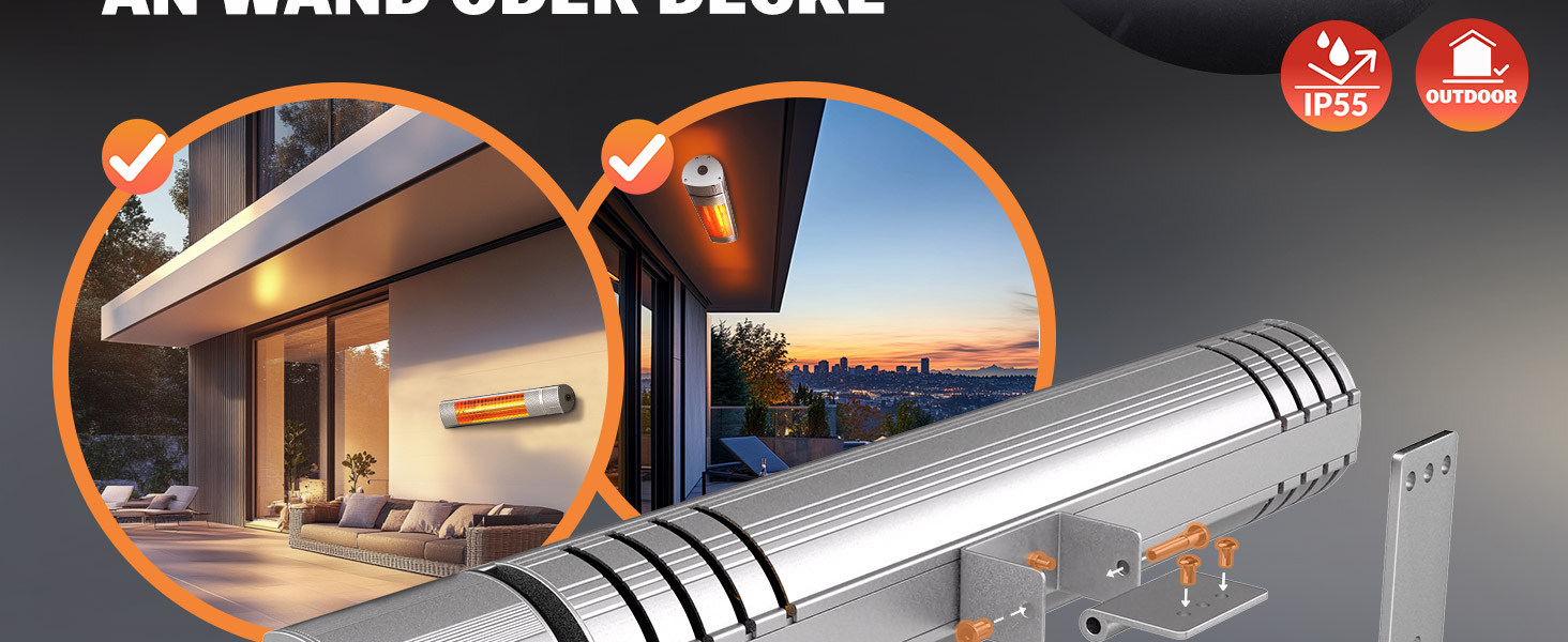 Інфрачервовий обігрівач MONZANA® MZH2000 Goldröhre 2000W з пультом керування, 3 режими, кут нахилу 90°, для тераси та вулиці