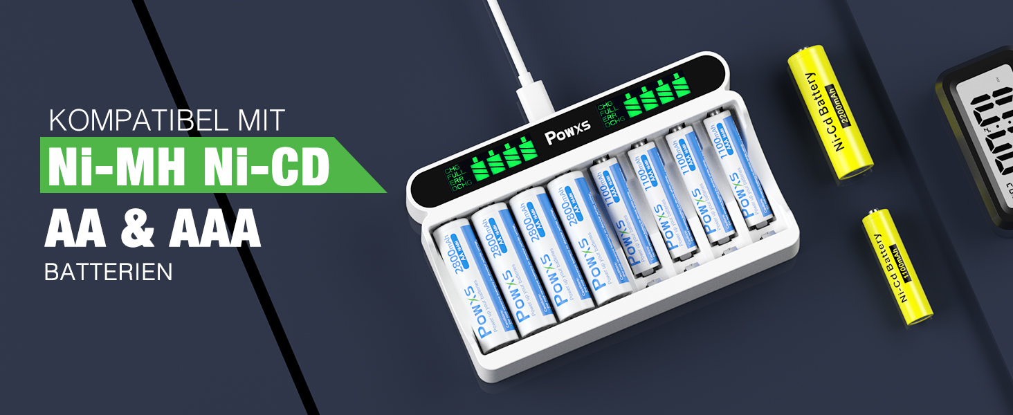 Зарядний пристрій POWXS для акумуляторів NI-MH NI-CD AA/AAA, 8 слотів, LCD дисплей, швидка зарядка Micro USB/Type-C