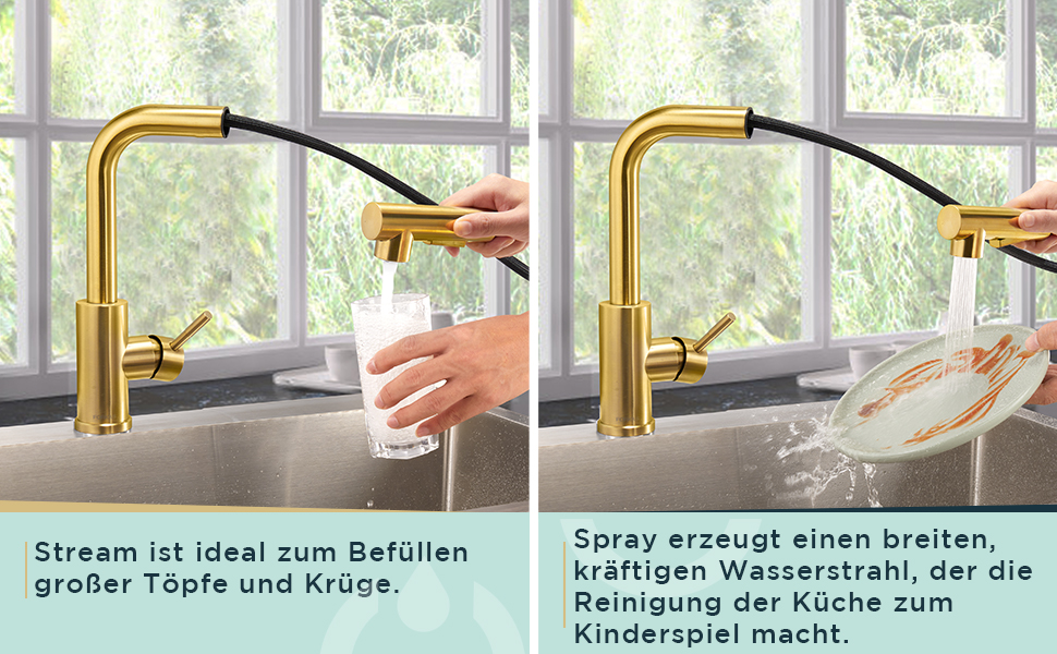 Змішувач для кухні FORIOUS з висувною лійкою та душем, 360° обертання, 2 режими, матовий золотий