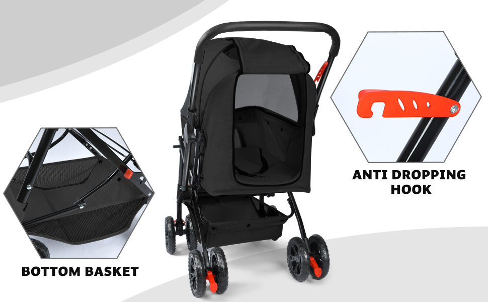 Візок для собак Wedyvko до 20 кг, 4 колеса, складаний, для маленьких та середніх собак та котів, з кошиком та тримачем для напоїв, чорний