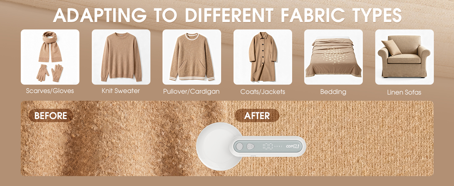 Електричний видальник ворсу COPPA з 6 лезами, 3 швидкості, перезаряджається, для одягу, з індикатором заряду