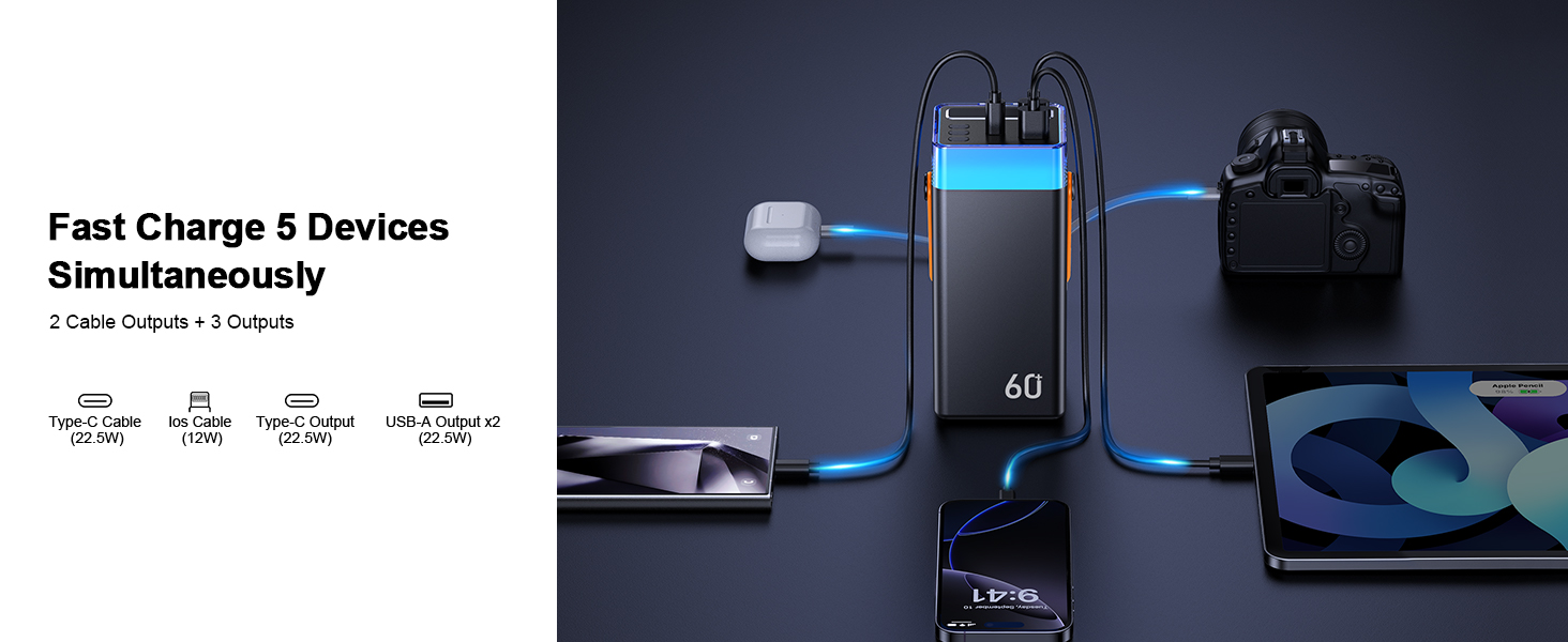 Power Bank 60000mAh 22.5W USB-C: Зовнішній акумулятор з LED-дисплеєм, 3 кабелями, 5 портами, для iPhone, Samsung, Android (Помаранчевий)