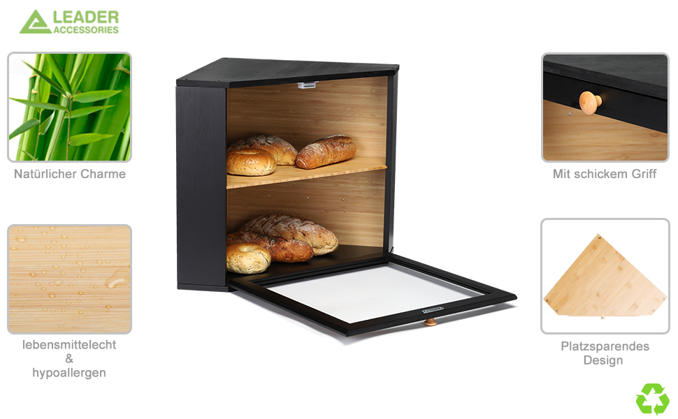 Чорний контейнер для хліба Leader Accessories з бамбука, 2 яруси, 32x32x34 см
