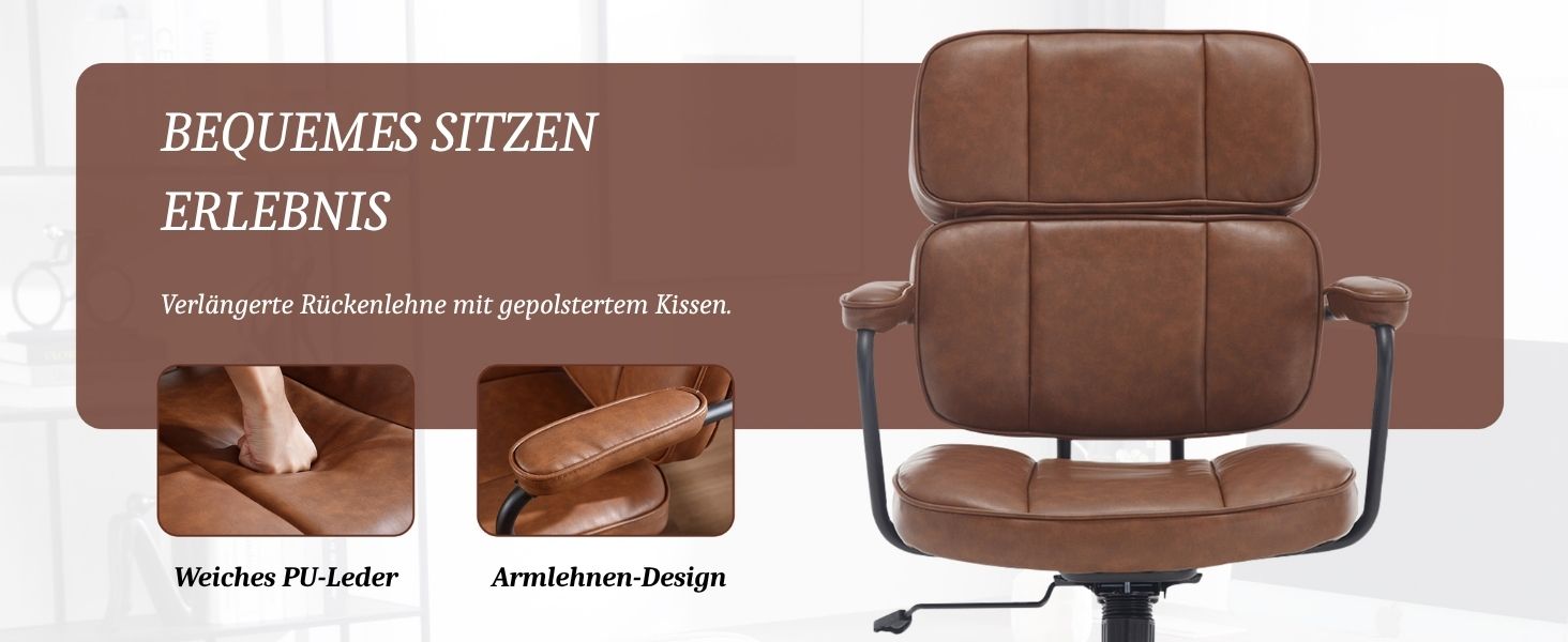 Офісний крісло з штучної шкіри, 360° обертання, регульована висота, ергономічний комп'ютерний стілець з підлокітниками для робочого кабінету/офісу/вітальні, Колір: Коричневий