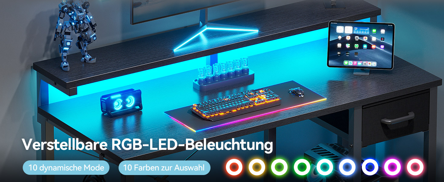 Ігровий стіл Coleshome з LED-підсвіткою та підставкою для монітора, 100×45 см, чорний