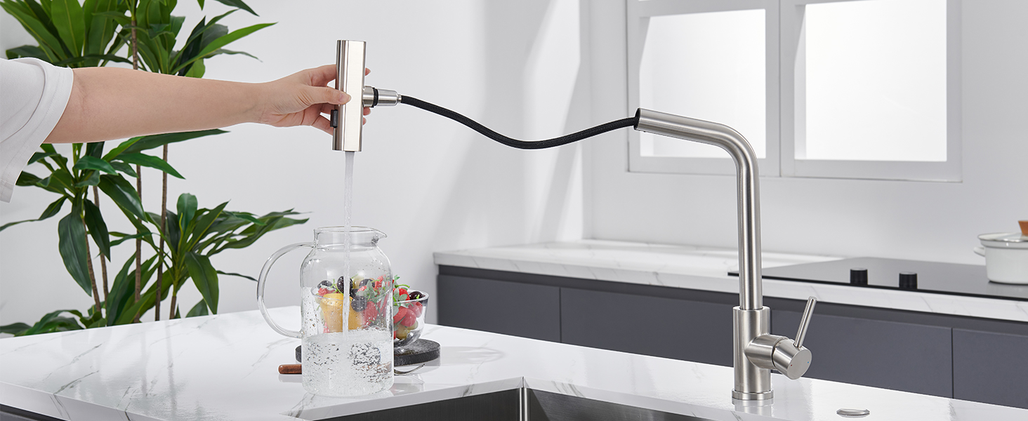 Чорний кухонний змішувач з висувною лійкою, водоспад, високий тиск, 3 режими, 360° поворот, нержавіюча сталь (нікель)