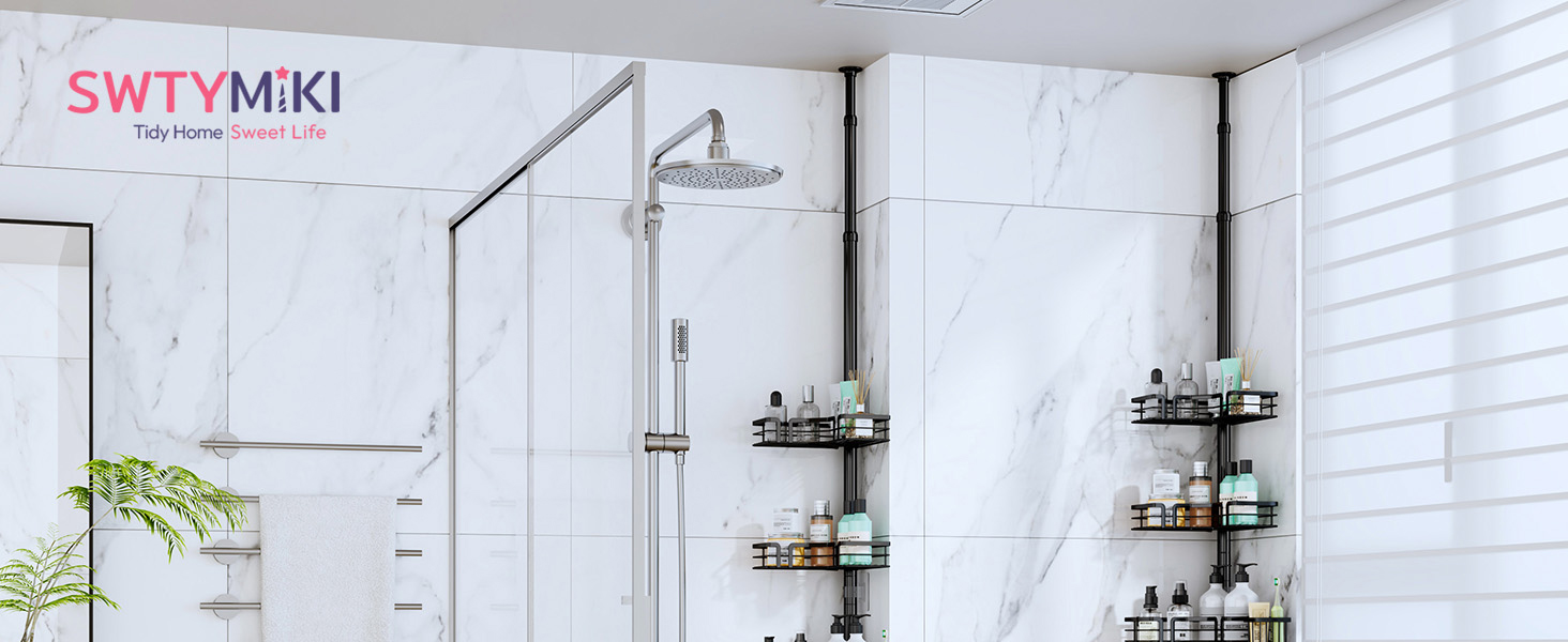 Регульована поличка для душу SWTYMIKI з нержавіючої сталі, 4 яруси, з мильницею, тримачем для зубних щіток та 4 гачками, 70-275 см, чорний (без свердління)