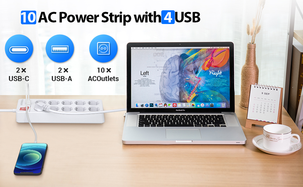 Мережевий фільтр 10 розеток із захистом від перенапруги до 1700 Дж, з USB-C, вимикачем, 4 USB-портами для зарядки та 10 розетками, настінний, 1.5 м, чорний (10 розеток білий)