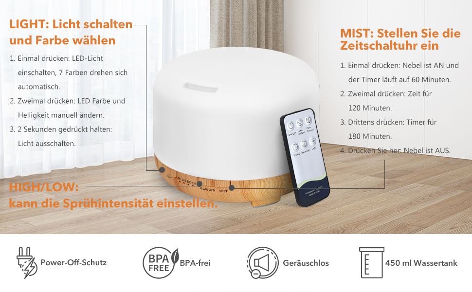 Аромадифузор Hianjoo Aroma 450 мл з таймером, ультразвуковий, 7 кольорів LED, з пультом, для спа/офісу/йоги - білий