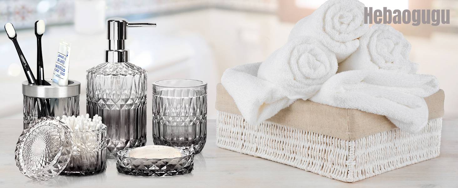 Набір аксесуарів для ванної кімнати Hebaogugu 5 шт., сірий колір, з дозатором мила, мильницею, стаканчиком для зубних щіток, тримачем для зубних щіток та контейнером для ватних паличок.