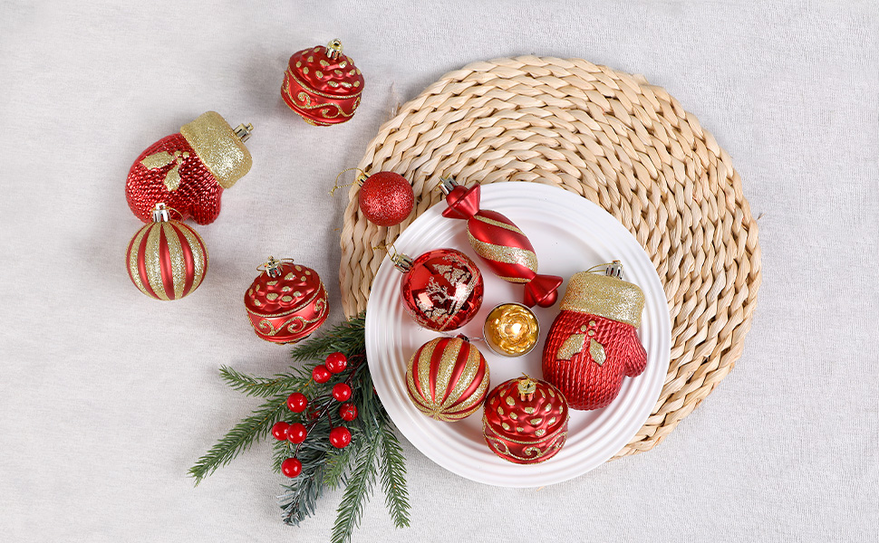 Набір прикрас на ялинку Alupssuc 80 шт. - ялинкові кулі різних форм, з гачками, для святкування Різдва, вечірок та весіль, колір шампань-золото (червоний & золотий)