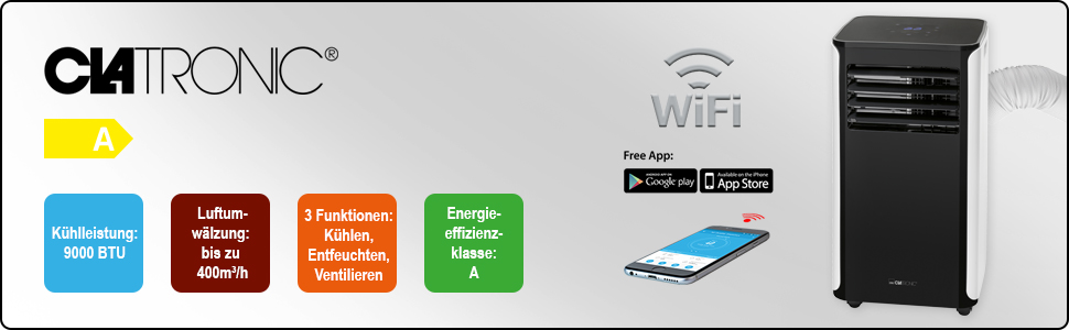 Мобільний кондиціонер Clatronic® CL 3716 з Wi-Fi | 3-в-1: охолодження, осушення, вентиляція | 9000 BTU | з випускним шлангом