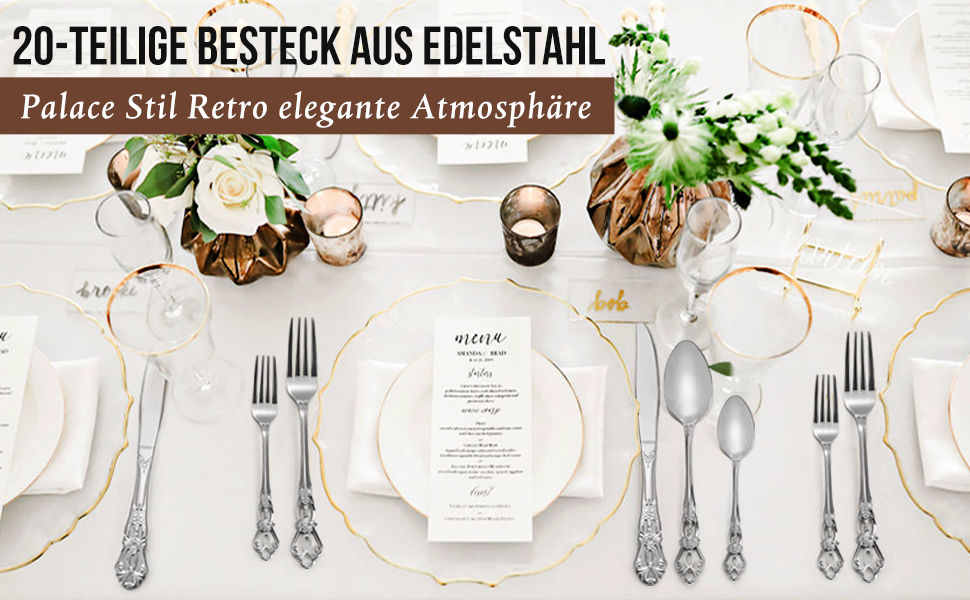 Набір столових приборів 20 предметів Vintage Palast з нержавіючої сталі на 4 особи, поліровані, для посудомийної машини, сріблясті