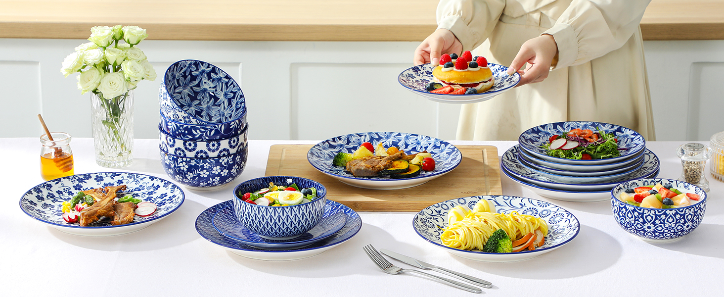 Набір посуду на 6 осіб Vancasso Selene 24-частинний: тарілки, супові тарілки, салатники, миски. Керамічний сервіз з порцеляни, блакитно-білий.