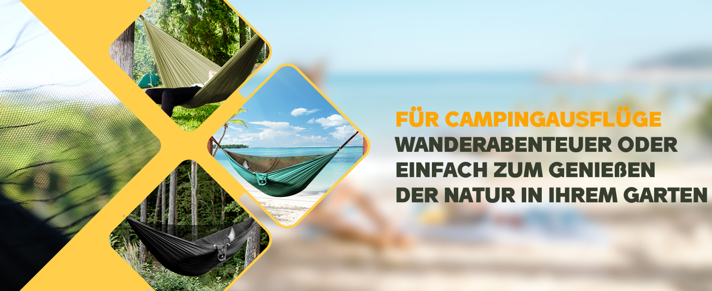 Гамак для кемпінгу NatureFun з москітною сіткою | Макс. навантаження 300 кг, 290 x 140 см | Швидковисихаючий нейлон, повний комплект, чорний