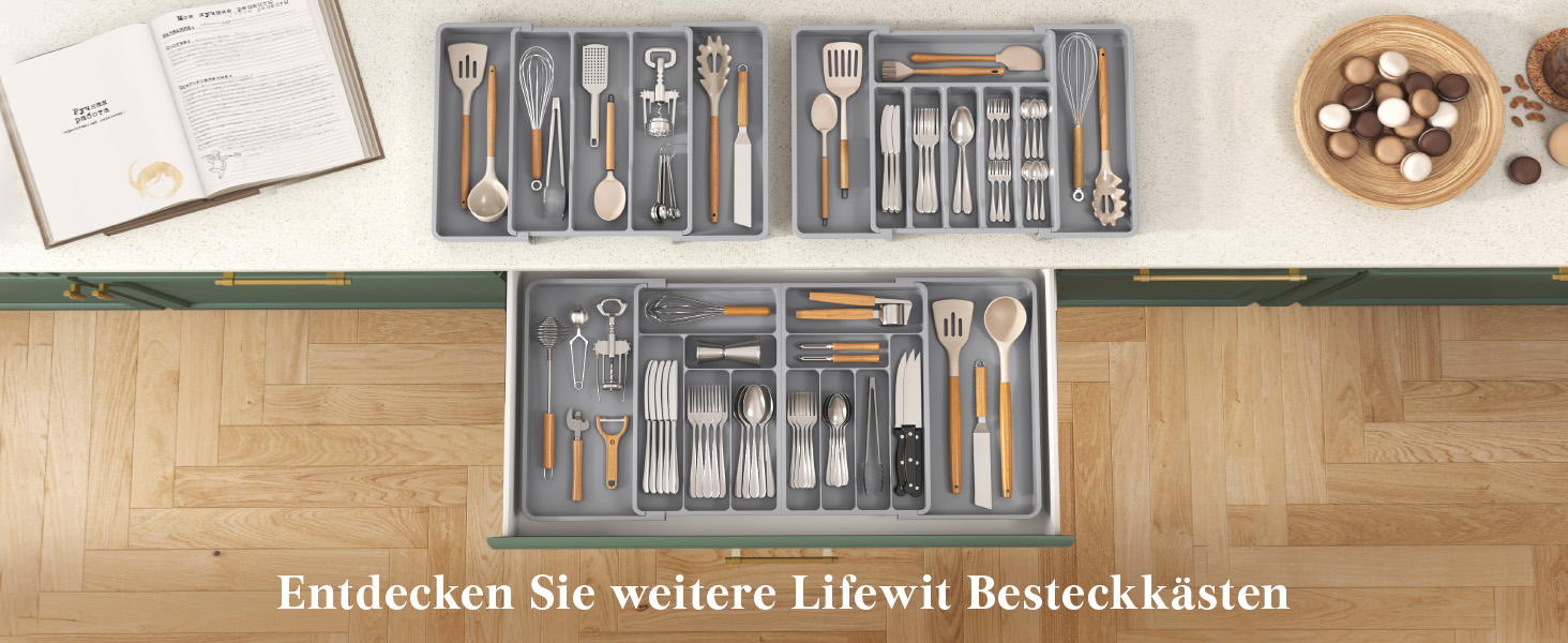 Органайзер для столових приборів Lifewit в шухляду, регульований (54.1-91.4 см x 43 см), 11-13 відділень, пластиковий, для ножів, виделок, ложок