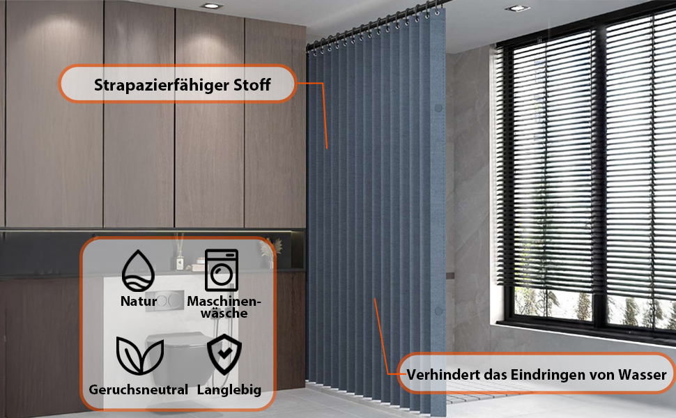 Водонепроникний душовий завіс з льону, антимольний, сірий 100x200 см з гачками