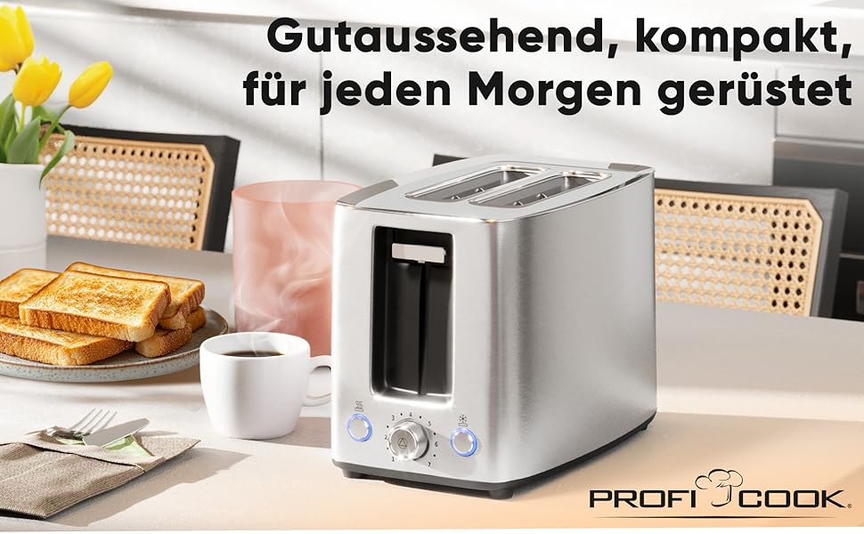 Тостер ProfiCook PC-TA 1244: 2 відділення, широкі слоти, 7 рівнів підсмажування, зйомна крихта, корпус з нержавіючої сталі, сенсорне керування, насадка для тостів