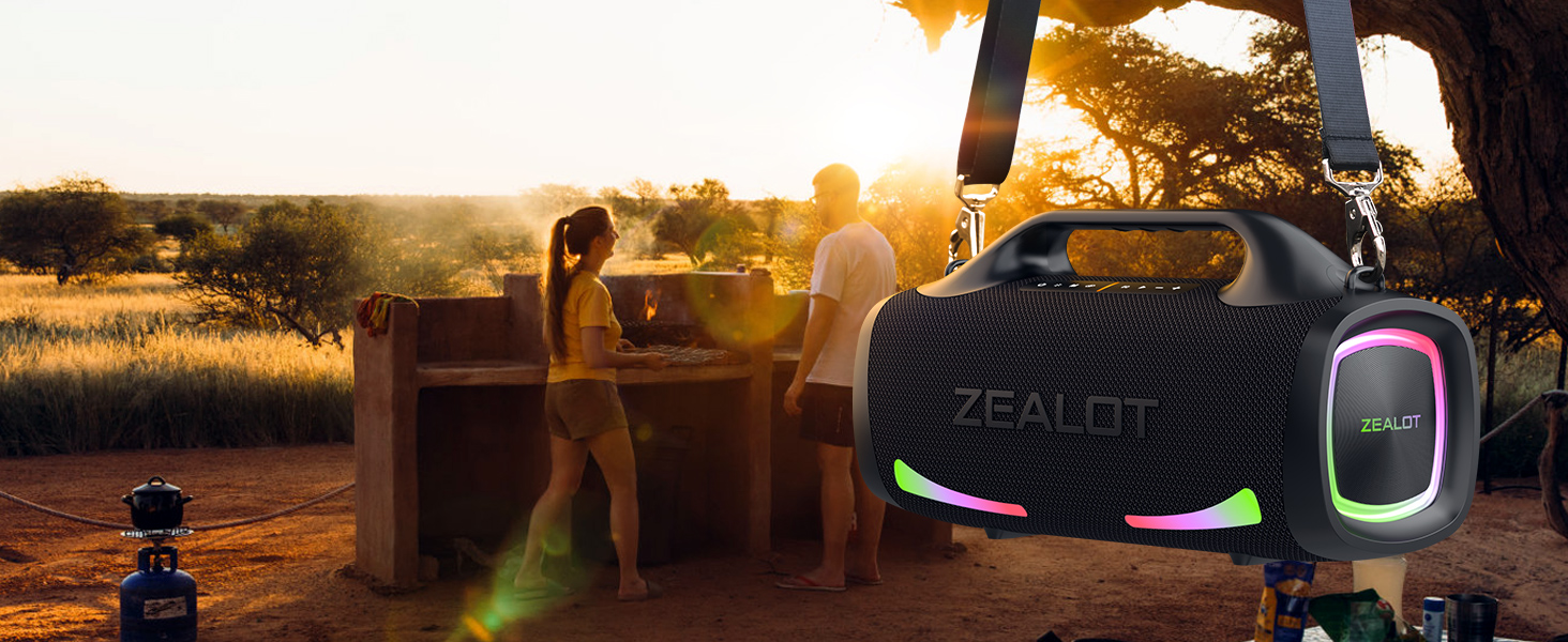 ZEALOT Bluetooth колонка 100W, XBass, Bluetooth 5.2, USB-C, 24000mAh, IPX6 водонепроникна, для кемпінгу, пляжу, басейну, саду - Чорна
