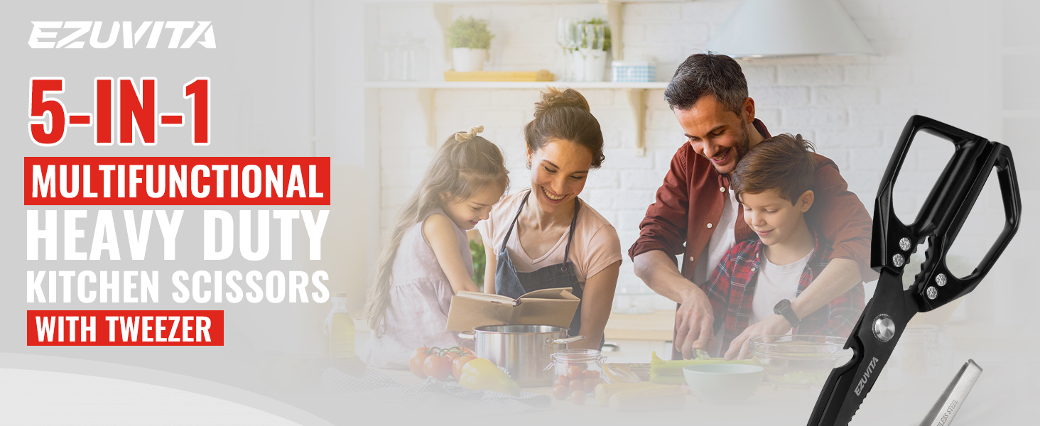 Кухонні ножиці 5-в-1 з пінцетом, титанове покриття, нержавіюча сталь, для птиці, риби, м'яса, чорний колір