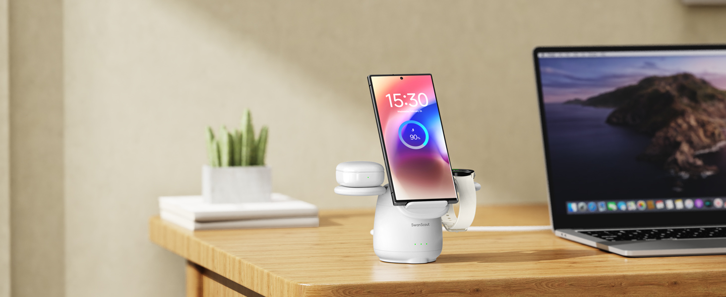 Бездротова зарядка SwanScout 3-в-1 для Samsung Galaxy S25 Ultra, S24, S23, Z Flip 7, Z Fold 7, Galaxy Watch 8/Ultra/7/6/5, Buds (без адаптера) біла