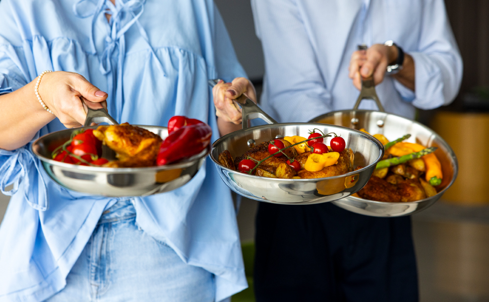 Набір сковорідок Florina Lucida (3 шт.) з нержавіючої сталі | 20, 24, 28 см | 3-шарова конструкція | Алюмінієвий сердечник | Для духовки | Ергономічна ручка | З дзеркальним блиском | Для всіх типів плит