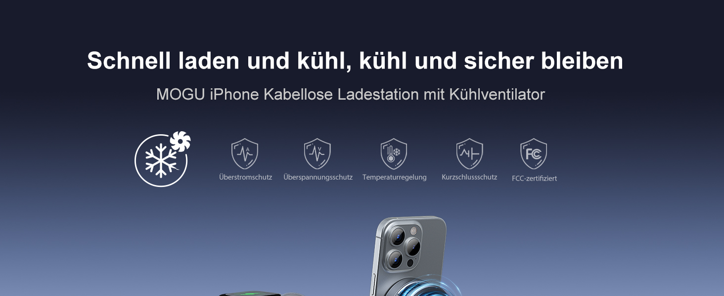 MOGU Бездротова зарядна станція 3-в-1 з магнітною фіксацією та охолодженням TEC, 15W, сумісна з MagSafe iPhone 12-17, Samsung S24-S26, Apple Watch, AirPods + адаптер 45W