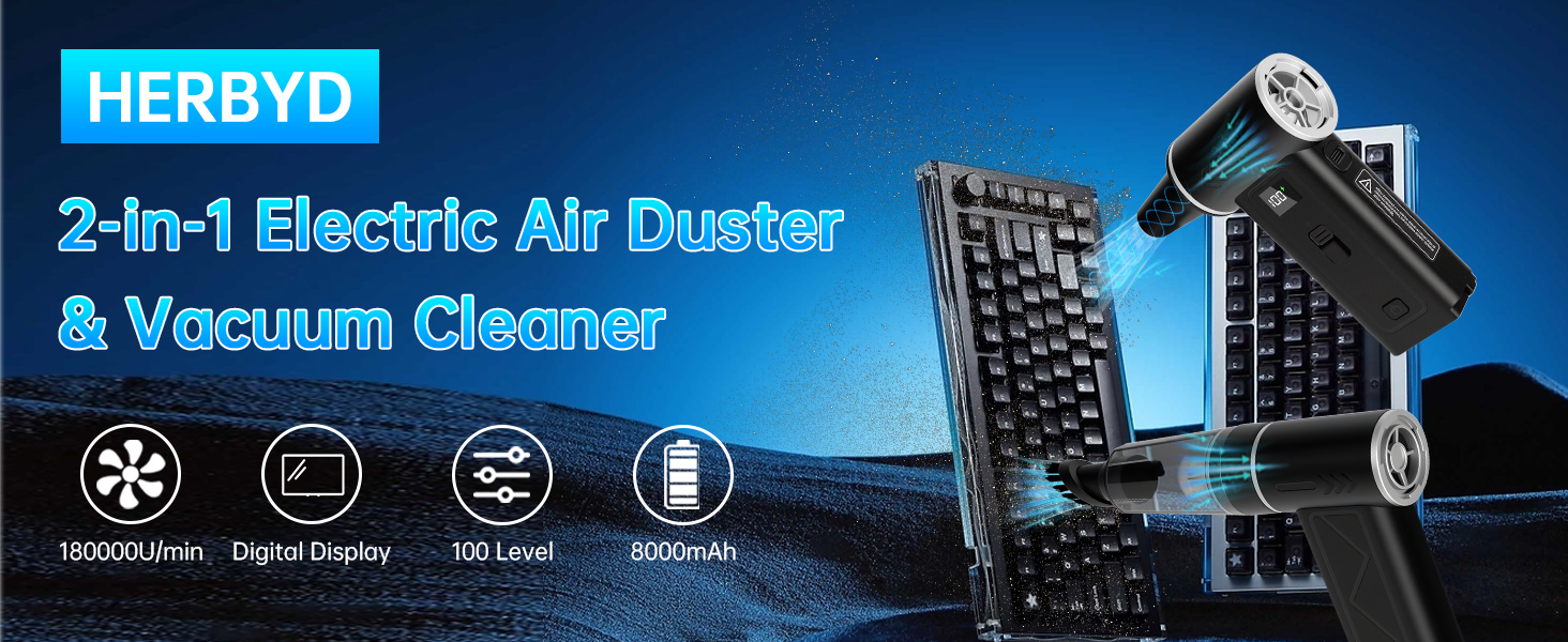 HERBYD 2-в-1 Електричний Пилосос-Обдув 180000 об/хв з Акумулятором 8000mAh та Цифровим Дисплеєм для Комп'ютера, Клавіатури, Дому та Автомобіля