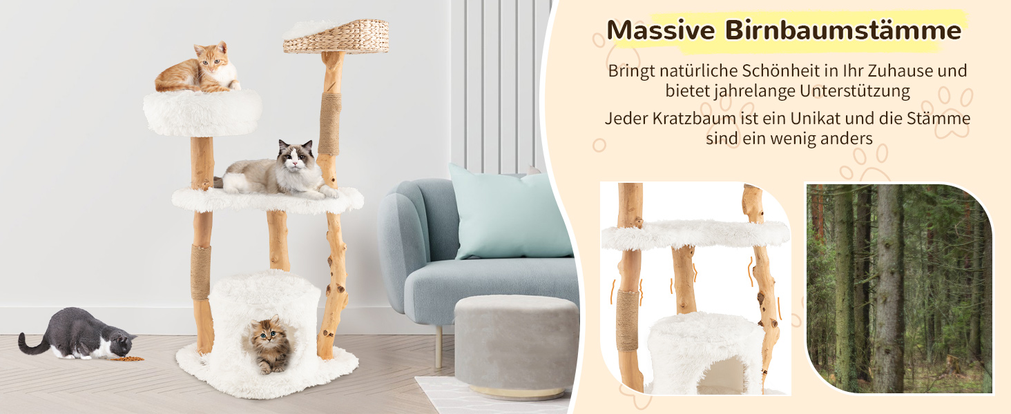 Кігтеточка для котів COSTWAY 87 см з гамаком, джутовим покриттям та м'якими сидіннями, дерев'яний кігтеточний комплекс, білий, 2 стовпчики