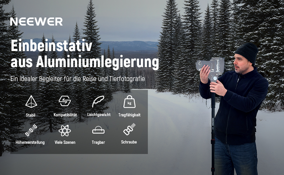 NEEWER Монопод 155 см для камери: легкий, портативний, з адаптерами 1/4' та 3/8' для DSLR та відеокамер, витримує до 8 кг