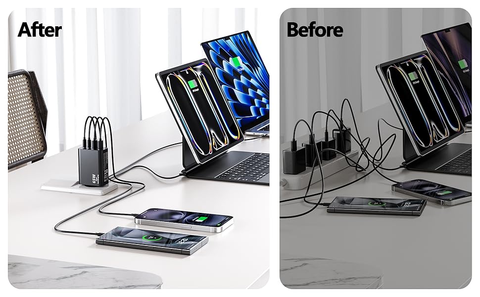 Зарядний пристрій USB-C 65W з кабелем, GaN 4-порти, швидка зарядка для MacBook, iPad, iPhone 15/16 Pro Max, Samsung Galaxy S23/S24 (2м USB-C - USB-C, чорний)