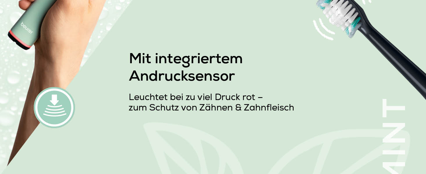 Звукова електрична зубна щітка Beurer SC 50 з 5 режимами чищення, датчиком тиску, дисплеєм таймера та 2 насадками (м'ята)