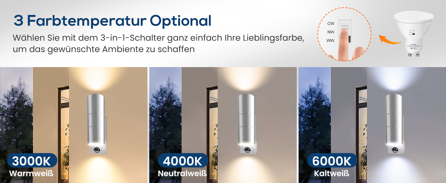 ALUSSO Вологостійкий вуличний світильник з датчиком руху, 2x8W LED, IP65, нержавіюча сталь, 3 колірні температури
