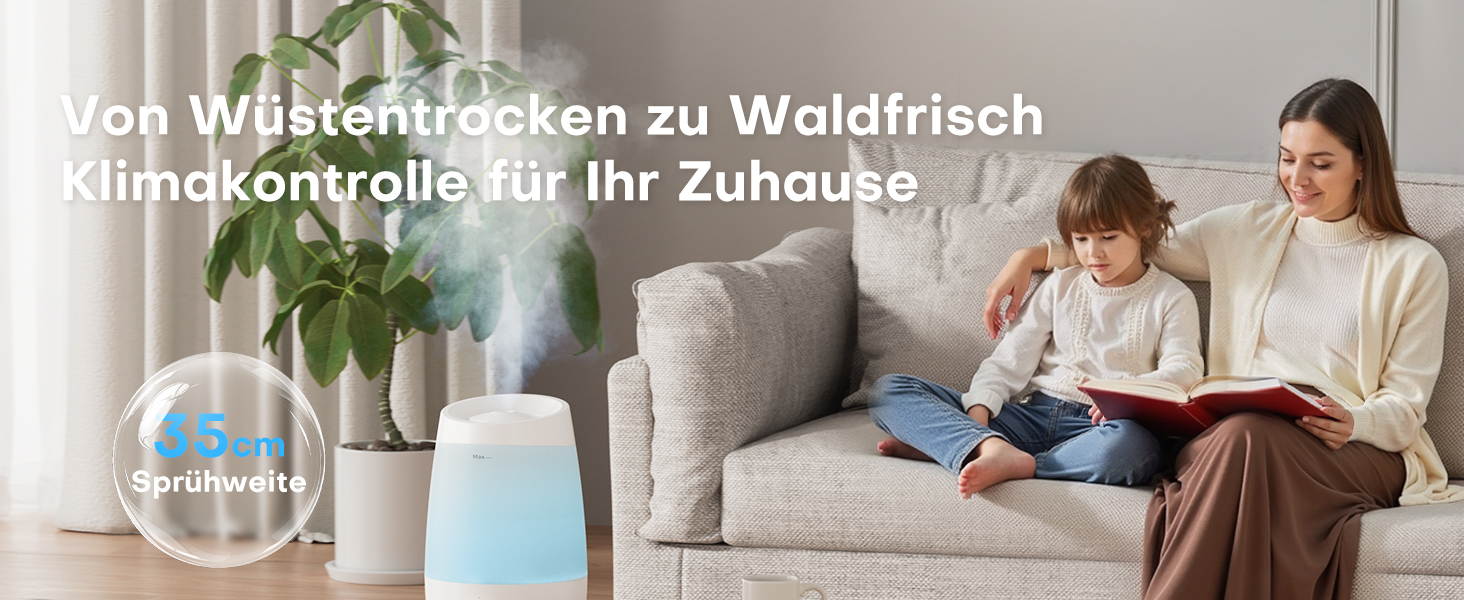 Зволожувач повітря AROEVE для спальні, 2,5л, 250 мл/год, дифузор для ефірних олій, автовимкнення, 25 дБ, тихий для дітей та рослин, білий