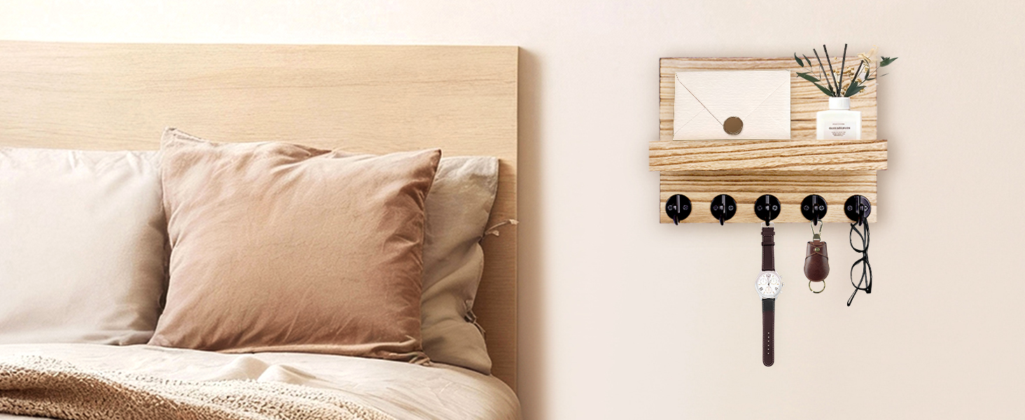 Дерев'яне ключниця з полицею на стіну, декоративне настінне кріплення для ключів, 5 гачків, для прихожої, спальні, вітальні (колір дерева)