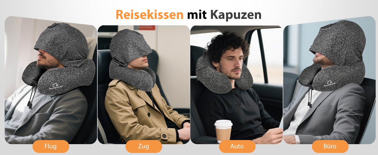 Подушка для шиї в літак з капюшоном, Memory Foam, регульована, для дорослих, авто, офіс (сіра)