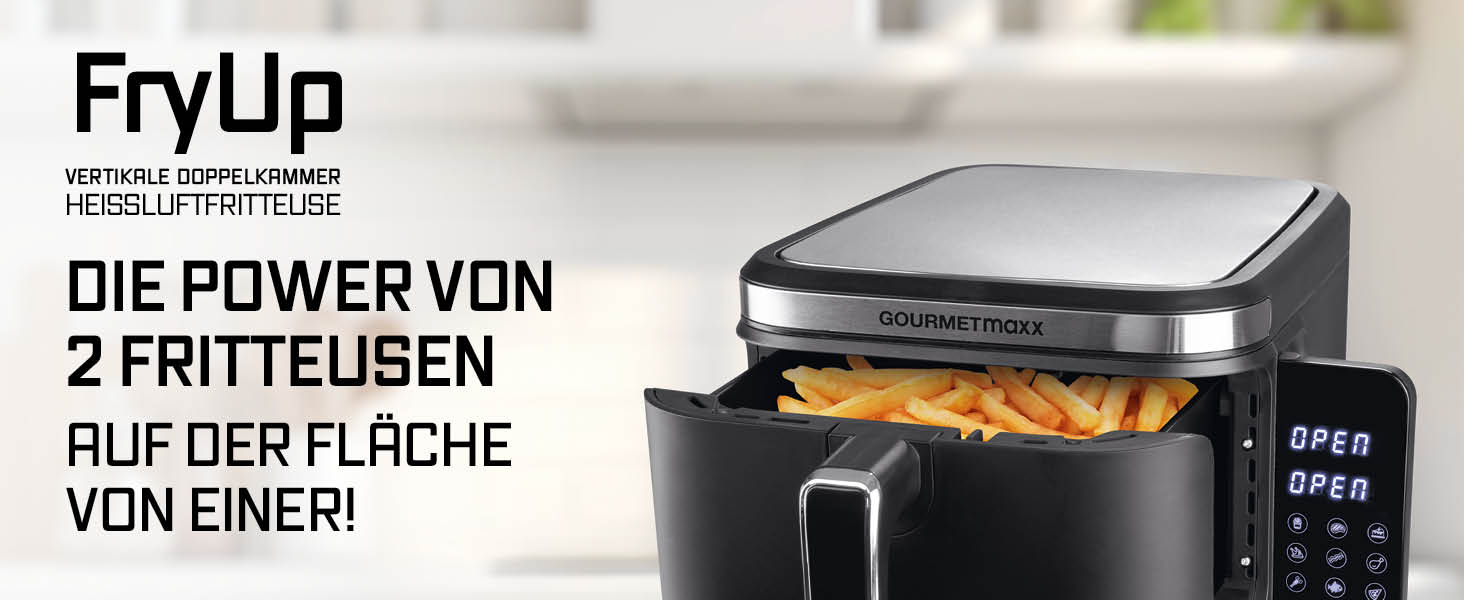 Фритюрниця повітряна GOURMETmaxx з вертикальною подвійною камерою | 10л | Чорний матовий колір | 2 камери по 5л | Airfryer з сенсорним дисплеєм