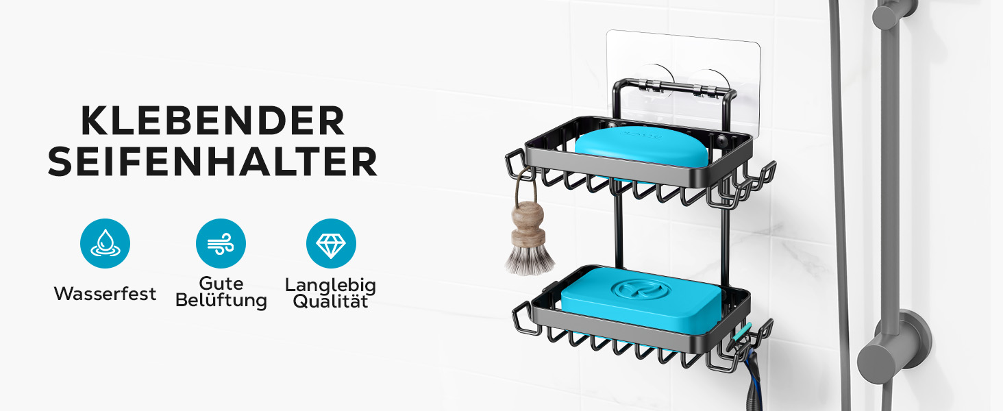 Підставка для мила на 2 рівні від Nieifi з водовідведенням, нержавіюча сталь, без свердління для душової кабіни, чорна