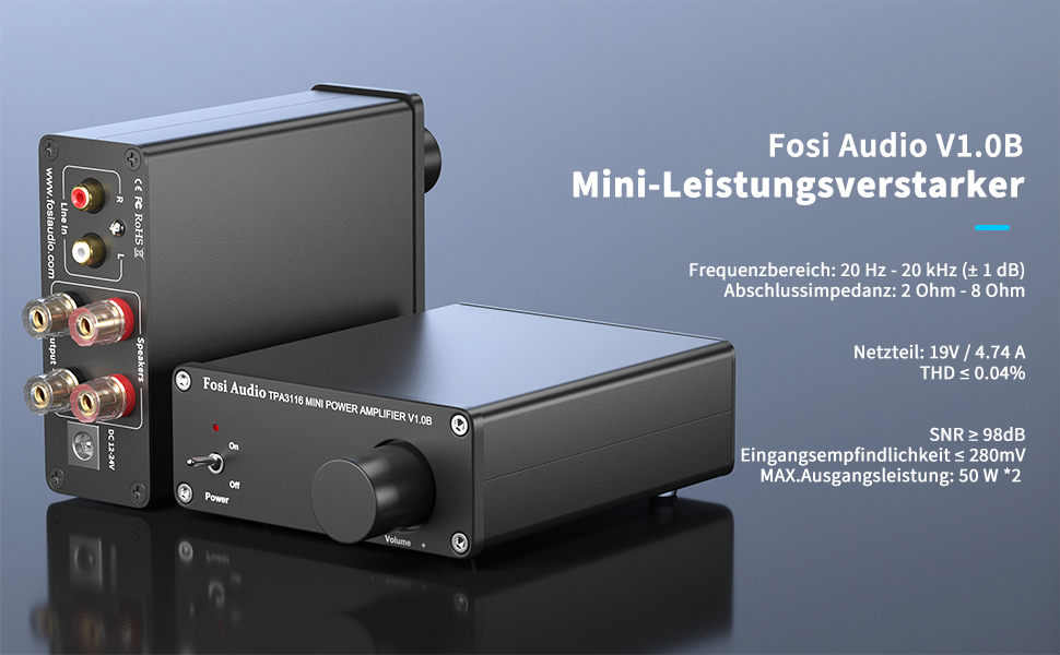 Fosi Audio V1.0B стерео підсилювач 2x50 Вт, 2-канальний міні Hi-Fi класу D, інтегрований TPA3116, з блоком живлення 19 В 4,74 А для динаміків