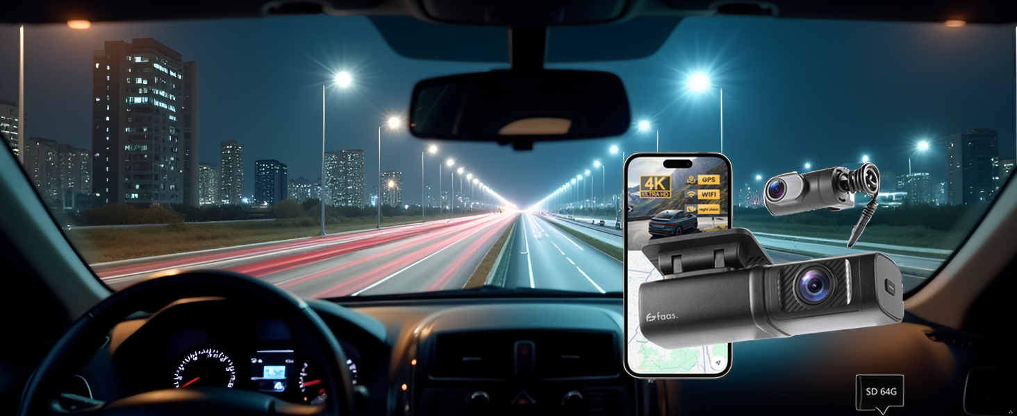 Відеореєстратор Faas Dashcam Auto Vorne & Hinten: 4K Dual, 64GB MicroSD, G-сенсор, час затримки, нічне бачення, режим паркування, циклічна запис – Чорний