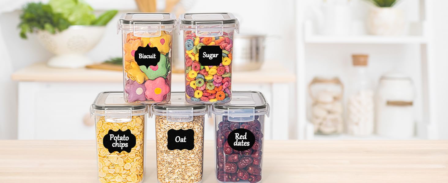 Набір контейнерів для зберігання GoMaihe 24 шт. з кришкою: герметичні контейнери для продуктів з етикетками та маркером | Коробки для зберігання на кухню для мюслі, борошна, кукурудзяних пластівців та цукру | Без BPA | Можна мити в посудомийній машині, чорний - Набір 24 шт.