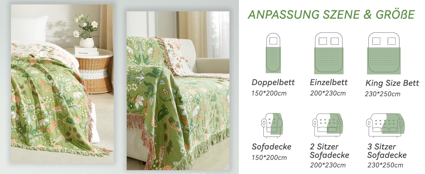 Покривало Bailix Premium Boho з 100% бавовни муслін, двосторонній плед з китицями для дивана та ліжка, 200x230 см, колір волого-зелений