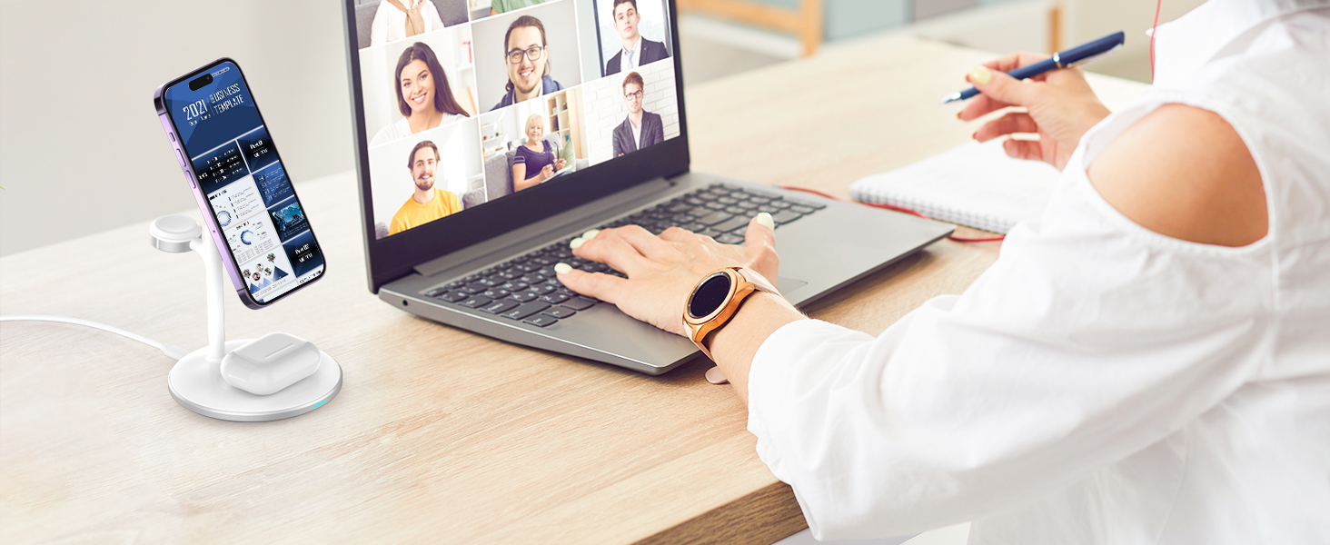 3-в-1 індукційна зарядка для декількох пристроїв, 15W MagSafe зарядка для iPhone 15/14, MagSafe зарядний пристрій для iWatch Ultra 2/1/Series 9/8, AirPods, білий колір