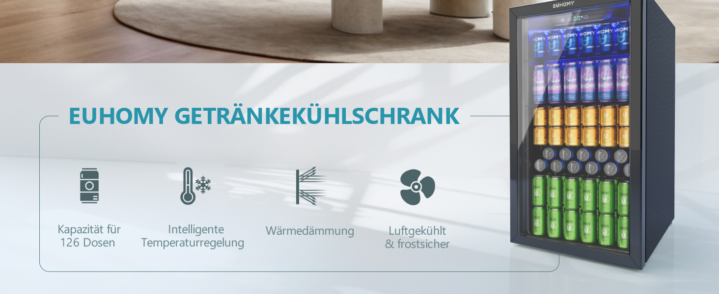 Міні-холодильник EUHOMY на 126 банок з дверцятами зі скла, чорний, з регульованими полицями, 90л, для дому/бару/офісу