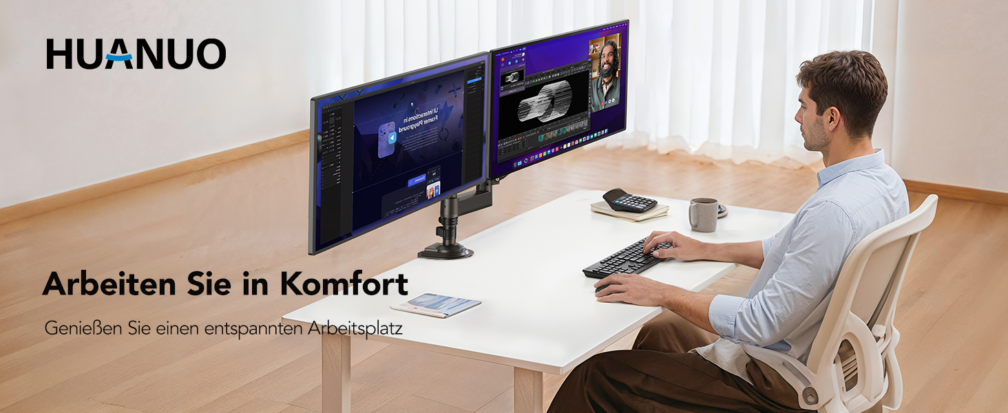 Кріплення для монітора HUANUO - 2 монітори, 13-32 дюйми, для геймінгу, регулювання висоти, настінна, VESA 75/100mm